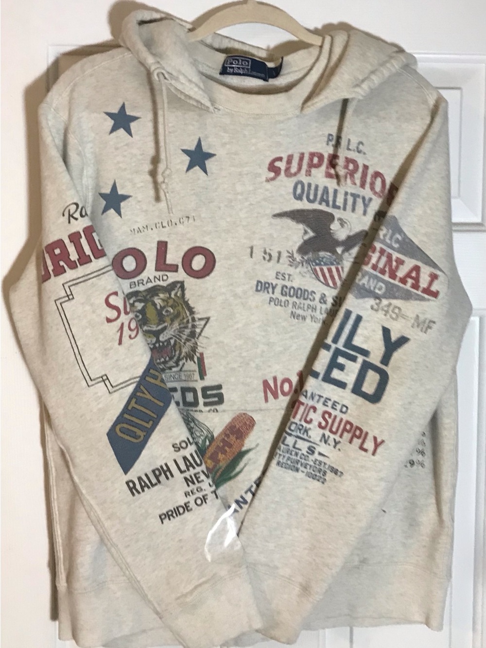 Ralph Lauren Cream Graphic Pullover Hoodie with Multicolor Prints